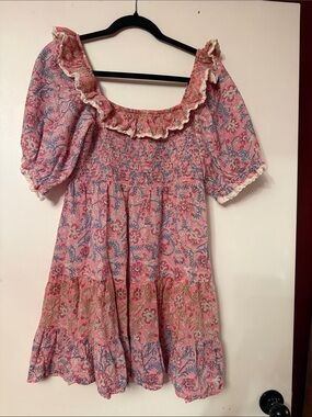 RIXO Pink and Blue Floral Smocked Ruffle Mini Dress